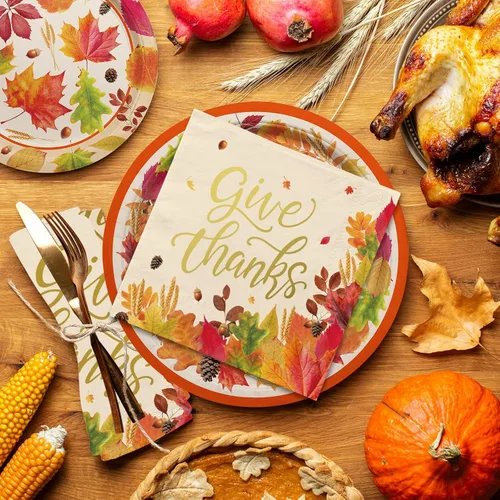 Miniatura 4 de Kit de suministros para fiestas temáticas de otoño, sirve 25, vajilla desechable de cosecha de otoño incluye: platos llanos de papel, platos