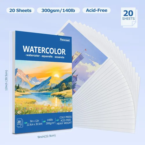 Miniatura 2 de Pacocoast Bloc de papel de acuarela, 9 x 12 pulgadas (300 gsm/140 libras) de prensa en frío, cuaderno de bocetos de color de agua, 20 hojas.