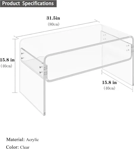 Miniatura 3 de Mesa auxiliar acrílica de 2 niveles, mesa auxiliar con estante de almacenamiento, mesa central moderna para sala de estar, oficina, dormitorio