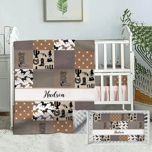 Juego de ropa de cama personalizado para cuna de bebé, edredón de cuna con nombre personalizado, ropa de cama de vaquero para guardería, juego de 2