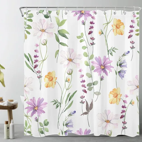 Cortina de ducha de flores silvestres amarillas, moradas, florales y verde salvia con hojas de eucalipto sobre blanco, juego de cortina de ducha