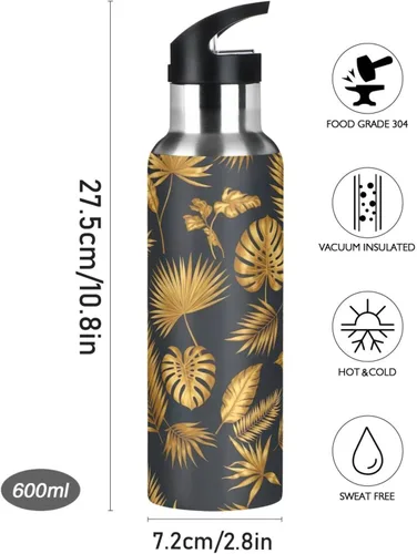 Miniatura 9 de Insulated Stainless Steel Water Bottle with Straw 20 Oz, BPA-Free Sports Water Bottle with Straw for Gym Outdoor Travel School, Tropical Leaves