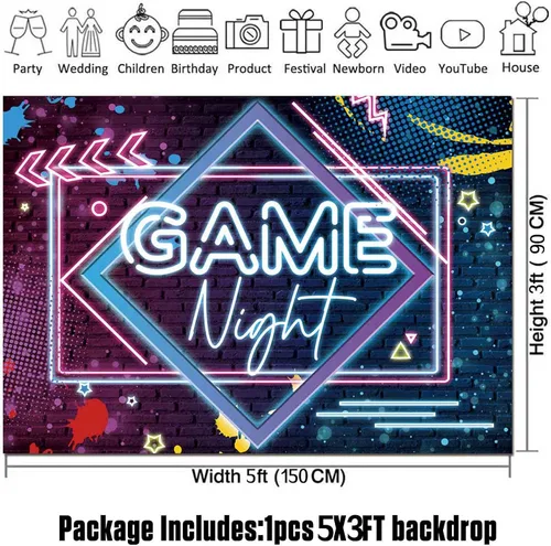 Miniatura 5 de Fondos de fotografía con temática de noche de juegos, fondo de fotos de neón brillante, 5 x 3 pies, para juegos en fiestas de cumpleaños, pijamadas