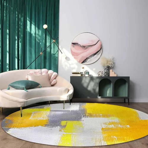Miniatura 3 de Libaoge Alfombra redonda amarilla de 3 pies para cuarto de bebé, alfombra abstracta moderna y contemporánea, alfombra de yoga para niños y niñas
