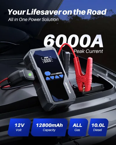 Miniatura 3 de AUTOONE Arrancador de 6000A con compresor de aire (todo gas/10L diésel), arrancador portátil de 150 PSI, caja de arranque con inflador de neumáticos