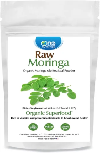 One Planet Nutrition Moringa en polvo de 8 onzas (227 porciones), hoja de moringa orgánica cruda, rica en vitaminas, minerales y proteínas vegetales