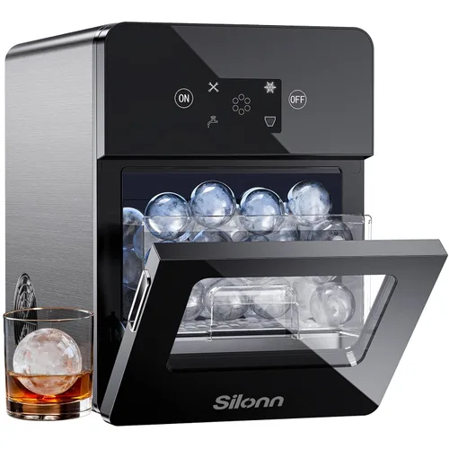 Miniatura 12 de Silonn - Máquina de hielo portátil para encimera - 9 kilos de hielo con forma de bala por día, hace hielo en 6 minutos, acero inoxidable con ventana