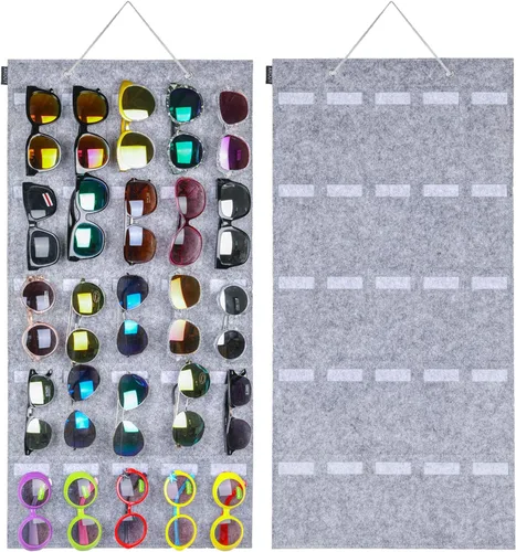 Miniatura 14 de AROUY Organizador de gafas de sol, organizador de gafas con bolsillo para colgar en la pared - Organizador de gafas de sol con 16 ranuras de fieltro