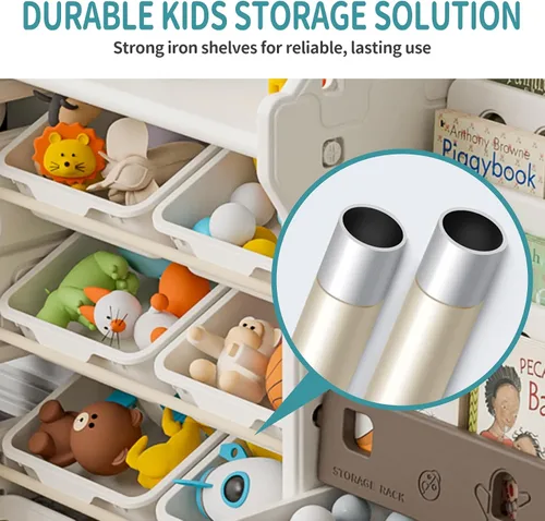 Miniatura 9 de UNICOO Organizador de almacenamiento de juguetes para niños con estantería, organizador de sala de juegos de 14 cubos y estantería, estante de Marrón