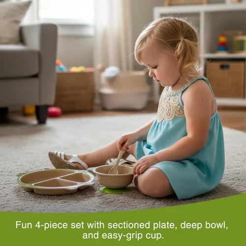 Miniatura 2 de Refresh-A-Baby Juego de alimentación ecológico de cáscara de arroz para niños, 4 piezas, incluye plato dividido, ventosa, cuchara, taza, sin BPA