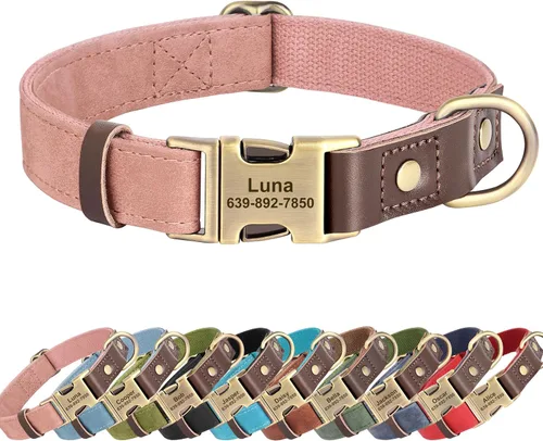 Miniatura 13 de Collares personalizados de piel sintética suave con nombre de mascota y número de teléfono para perros medianos, collares ajustables y duraderos