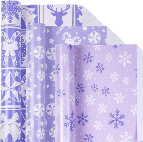 Miniatura 8 de LeZakaa Mini rollo de papel de regalo de Navidad, diseño de campana y árbol/bastones de caramelo/copos de nieve, blanco y negro, para envolver