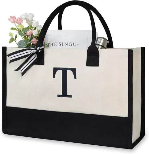Miniatura 339 de TOPDesign - Bolso de playa de lona con inicial personalizada, bolsa de regalo con monograma, para mujer