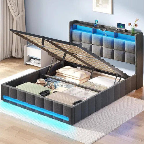 Miniatura 9 de Rolanstar Marco de cama tamaño completo con almacenamiento elevable, estación de carga y luces LED, cabecera tapizada con almacenamiento, listones