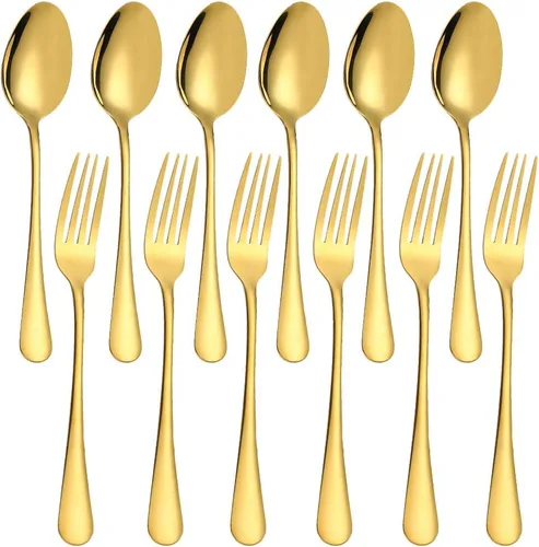 Miniatura 11 de findTop - Juego de 12 tenedores y cucharas de acero inoxidable chapados en negro, tenedores resistentes (8 pulgadas) y cucharas (7 pulgadas)