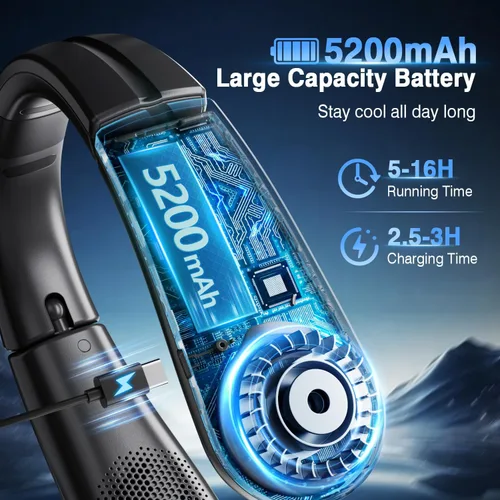 Miniatura 4 de ChillGo Ventilador de cuello portátil – Flujo de aire turbo ampliado de 8400 RPM – Ventilador personal recargable de enfriamiento portátil de 5200