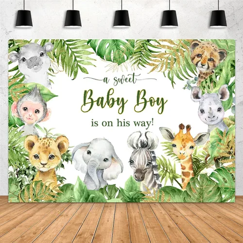 Telón de fondo de 7 x 5 pies con diseño de animales de safari de la selva para baby shower, baby shower, para bebé, niño está en camino, es un niño,