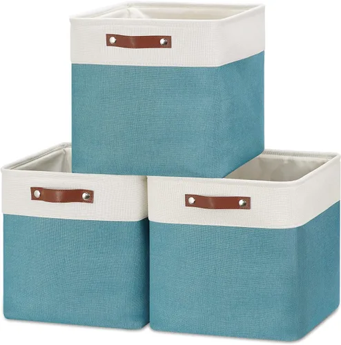 Miniatura 12 de HNZIGE Cestas organizadoras grandes de tela (3 unidades), canastas decorativas plegables con asas de cuero (crema, 15 x 11 x 9.5 pulgadas)