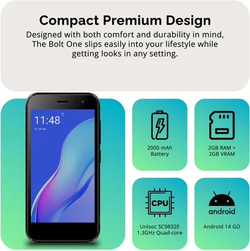 Miniatura 9 de Bolt One Dual SIM Smartphone desbloqueado Android 14 (Go Edition) Batería de 2 días Pantalla FWVGA de 5.0 pulgadas 2 GB de RAM