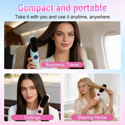 Miniatura 7 de Cepillos alisadores portátiles para viajes, con pantalla LCD de temperatura, cepillo alisador de cabello inalámbrico mejorado 2026 para cabello