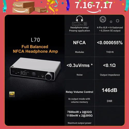 Miniatura 2 de Topping L70 Amplificador de auriculares NFCA completamente equilibrado, 7500 mWx2 amplificador de auriculares HiFi, 4 pines XLR/0.173 in Negro