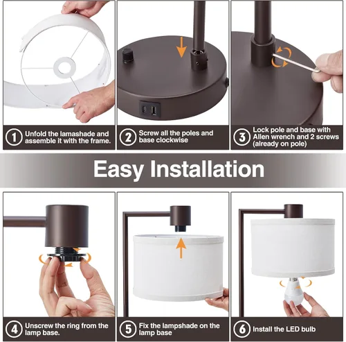 Miniatura 6 de Luvkczc Lámpara de Mesa para Dormitorio Juego de 2 con Puertos USB C+A - Lámpara de Noche Totalmente Regulable Sin Escalones con Pantalla de Lino