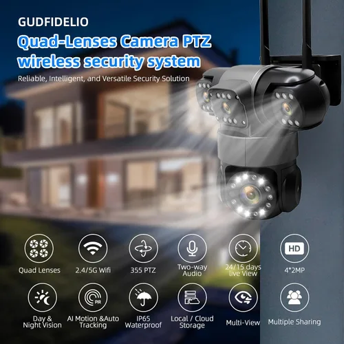 Miniatura 6 de Cámara de seguridad inalámbrica de 4 lentes al aire libre, imagen HD 2K PTZ 360° de vigilancia, visión nocturna a color, conexión WiFi, detección