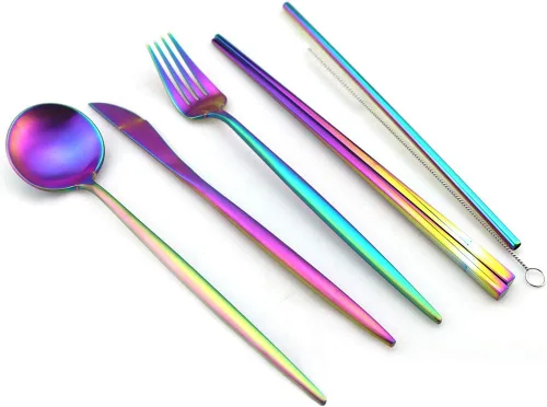 Miniatura 4 de JASHII Juego de cubiertos de acero inoxidable 18/10 ecológicos, utensilios de viaje de bambú, incluye cuchillo reutilizable, tenedor, cuchara