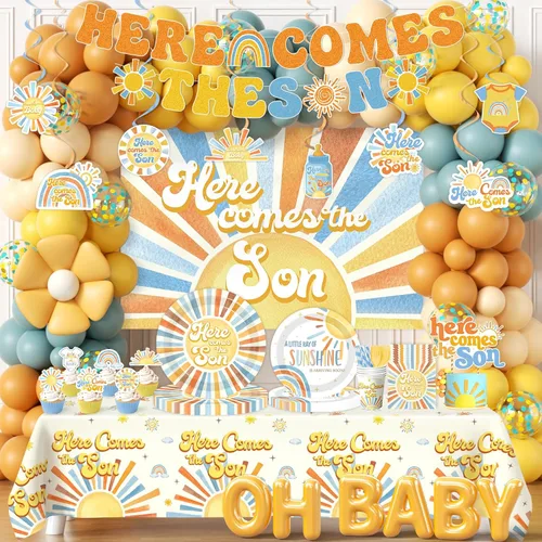 Here Comes The Son Baby Shower Decor – Vajilla bohemia para fiesta de baby shower con arco de globos, decoración de tartas, decoración de pancartas