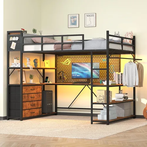 Miniatura 9 de Cama elevada de tamaño individual con almacenamiento y cabecero tapizado, estructura de cama elevada de metal con escritorio en forma de U y luces