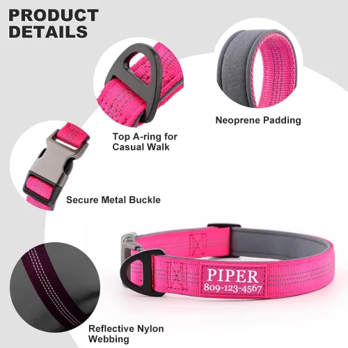 Miniatura 3 de Collares de perro personalizados con nombre y número de teléfono, hebilla de metal duradera, collar de nailon reflectante acolchado de neopreno