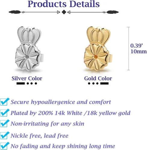 Miniatura 2 de Paquete de 3 levantadores de aretes caídos, ajustables de 0.394 pulgadas, chapado en oro de 18 quilates, hipoalergénico, seguro Oro blanco
