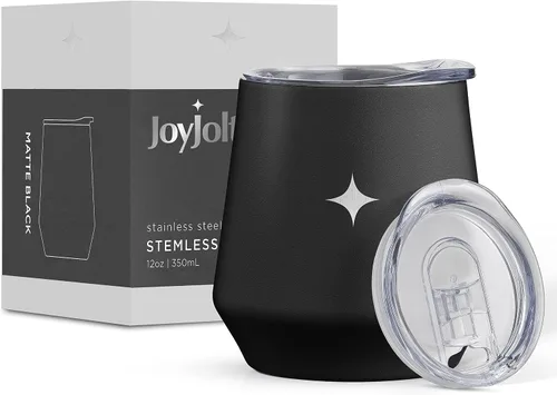 JoyJolt Vaso de vino con triple aislamiento con tapa de 12 onzas, tapa deslizante y con pajita. Vaso de vino de acero inoxidable de doble pared al