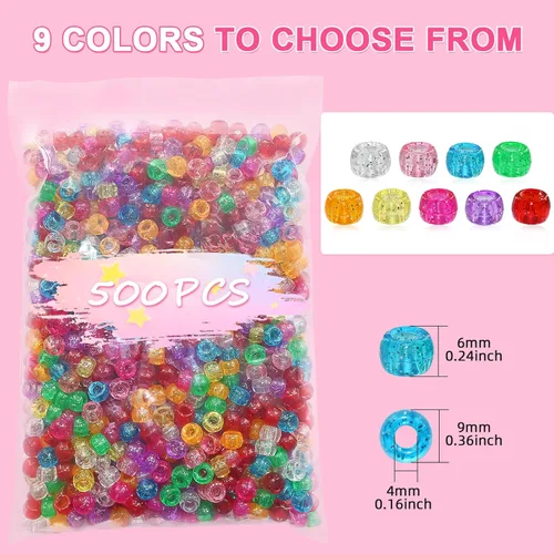 Miniatura 2 de Amaney - 500 cuentas de plástico para poni de 0.236 x 0.354 in, mezcla de colores mezclados con purpurina transparente