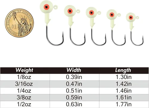 Miniatura 7 de Alwonder Paquete de 10 cabezas redondas de pesca, ganchos de róbala de lubina, ojos 3D, acero de alto carbono, 1/8-1/2 onzas, cabeza de plantilla