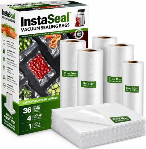 InstaSeal Bolsas de sellado al vacío para alimentos, 36 bolsas precortadas de 8 x 10 pulgadas y 5 rollos, cuatro rollos de 11 pulgadas x 16 pies y