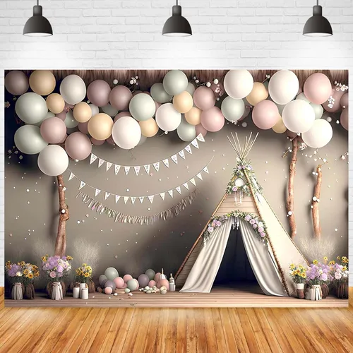 Miniatura 5 de XUNJIN NO.01 - Fondo de fotografía de globo rosa bohemio para niños, fiesta de primer cumpleaños, pastel, retrato, decoración de fotos, telón