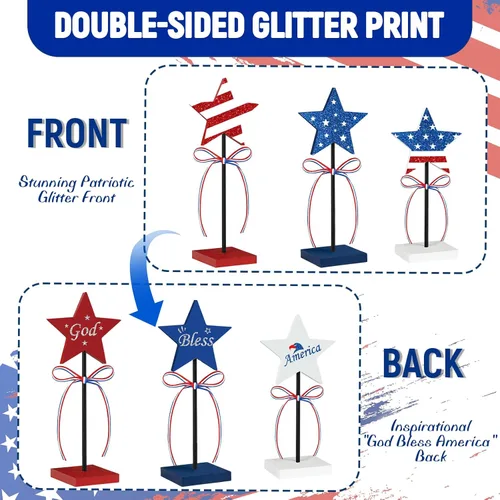 Miniatura 2 de 3PCS 4th of July Table Decorations, 4th of July Decorations for Table, Double Sided Printing Design Rustic Patriotic Decorations, Red White and Blue