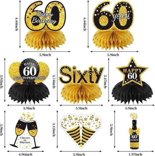 Miniatura 3 de Turypaty Kit de 36 decoraciones de cumpleaños 60 para hombres y mujeres, globos de feliz cumpleaños de 60 años de color negro y dorado con diseño