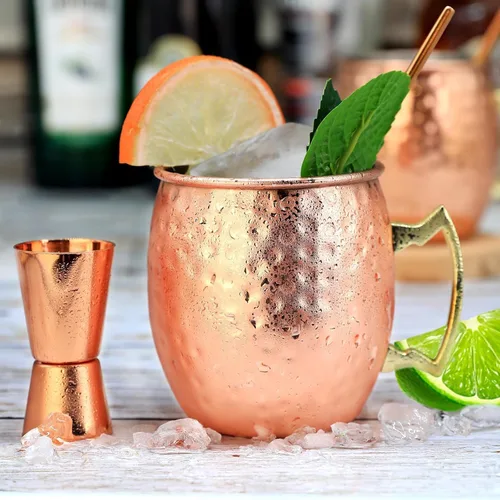 Miniatura 4 de Moscow Mule - Juego de 4 tazas de cobre chapadas de 18 onzas con asa, tazas grandes de acero inoxidable martillado con doble jigger de 0.5 onzas