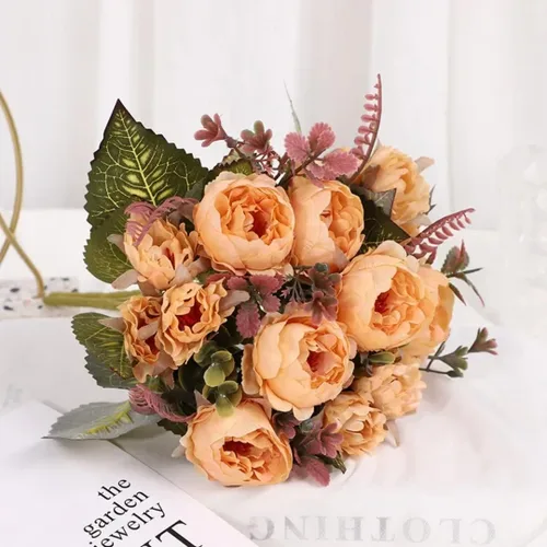 Miniatura 7 de Ramo de boda artificial de peonía de 9 cabezas para el hogar, flores artificiales para decoración del hogar (rosa champán)