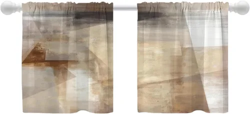 Miniatura 184 de Shrahala Beige and Orange Abstract Art Brushstrokes Blackout Curtain Tiers, Abstract Oil Paint Kitchen Valance Light Blocking Tier Drapes with Rod
