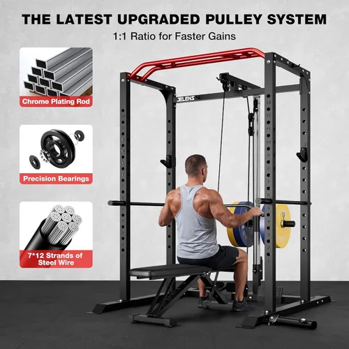 Miniatura 7 de Jaula de potencia JELENS, banco multifunción S11 con capacidad de 2000LBS, barra para sentadillas con sistema de poleas ajustable y más accesorios