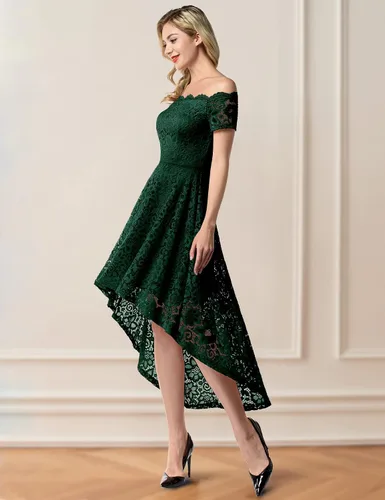 Miniatura 3 de Dressystar Vestido de Cóctel de Encaje para Mujer Hi-Lo con Hombros Descubiertos para Dama de Honor Vestido de Fiesta Formal Swing