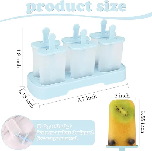 Miniatura 4 de WMKGG Juego de moldes para paletas, 6 moldes para paletas de hielo, molde de helado casero con palos, máquina para hacer paletas (azul)