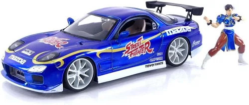 Jada Street Fighter 1:24 1993 Mazda RX-7 - Coche fundido a presión y figura de Chun-Li de 2.75 pulgadas, juguetes para niños y adultos
