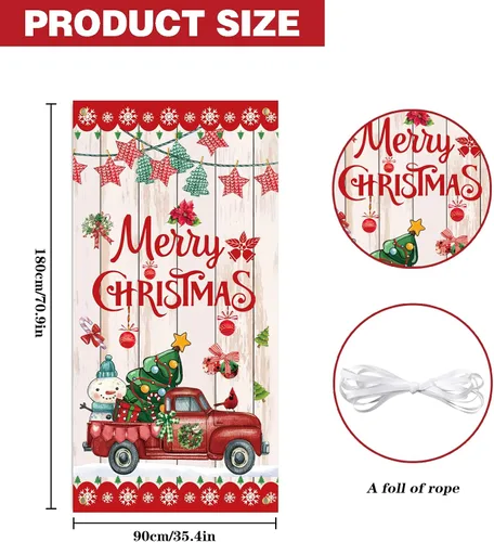 Miniatura 4 de SENSEVEN Cartel de puerta de Feliz Navidad – Cubierta grande de árbol de pino de invierno, muñeco de nieve roja, telón de fondo de bienvenida