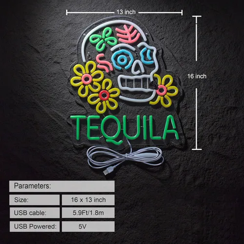 Miniatura 2 de Roouneon Letrero de Neón de Tequila para Decoración de Pared Tequila Mexicano USB Regulable Letrero LED de Neón para Decoración de Luz de Bar