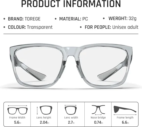 Miniatura 8 de TOREGE Gafas de seguridad, elegantes gafas de seguridad para los ojos, antivaho y resistentes a los arañazos con lentes de luz azul para hombres