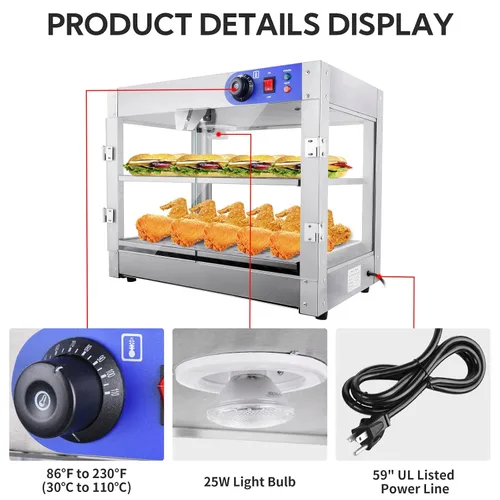 Miniatura 6 de calentador comercial de alimentos pizza, pretzel, empanada vitrina de almacenamiento (2 pisos)